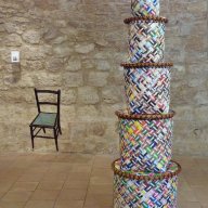 2011 Stack. 5 baskets with lids. Cardboard, strapping tape, willow and rubber. 250 x 60cm
