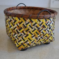 2012 Log basket. Cardboard, strapping tape, willow, wire and plastic lids. 55 x 40 cm